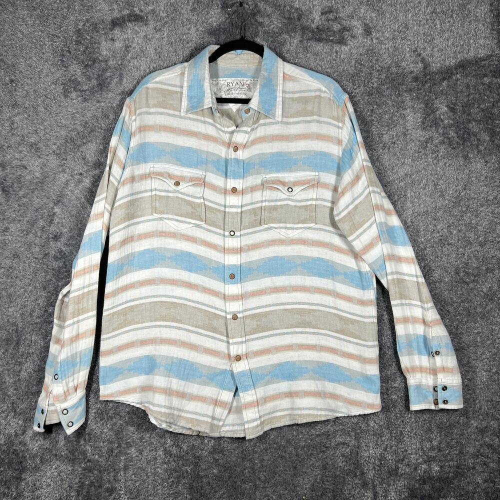 Ryan Michael Shirt Mens L Blue Striped Long Sleeve Button Up Snap Western